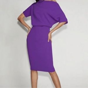 Gabrielle Union Bright Purple Slouchy Boat Neck Shortsleeve Fitted Draped Dress